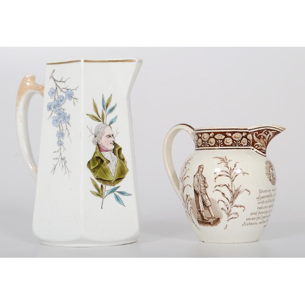 Wedgwood and Rorstrand Transferware : Wedgwood and Rorstrand Transferware 19th century. Two pitchers with transfer printed designs, including Wedgwood Roger William's pitcher with imagery and text related to the founding of Providence,
