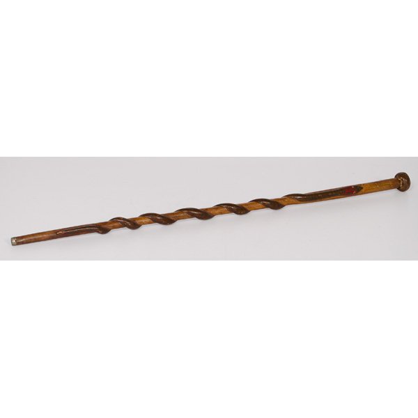 Folk Art Carved Snake Walking Stick : Folk Art Carved Snake Walking Stick American, 19th-early 20th century. A folk art carved snake walking stick with polychrome accents and a knob handle; lg. 35 in.