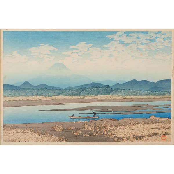 Japanese Woodblock by Hasui Kawase : Japanese Woodblock by Hasui Kawase Hasui Kawase (Japanese, 1883-1957). Woodblock in colors, signed l.r. as part of plate, inscription in left and right margin; 9.5 x 14.25 in. (sight).