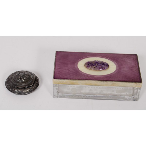 Picard Sterling and Enamel Box, Repousse Pill box : Picard Sterling and Enamel Box, Repousse Pill box Continental, 20th century. A glass box etched with a floral motif and a sterling silver and enamel lid, marked sterling / hand wrought / Picard, a