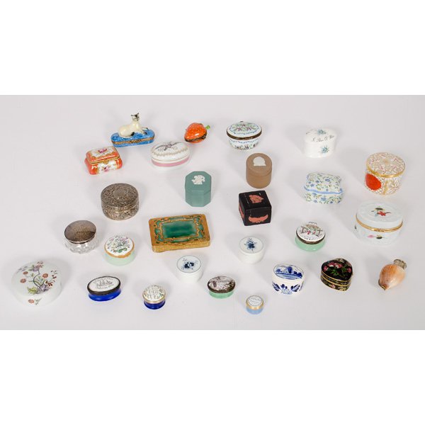 Cloisonné and Porcelain Decorative Boxes, Plus : Cloisonné and Porcelain Decorative Boxes, Plus 19th-20th century. A collection of twenty-five decorative boxes, including eight Limoges boxes, seven enamel boxes, three Wedgewood boxes, two Royal C