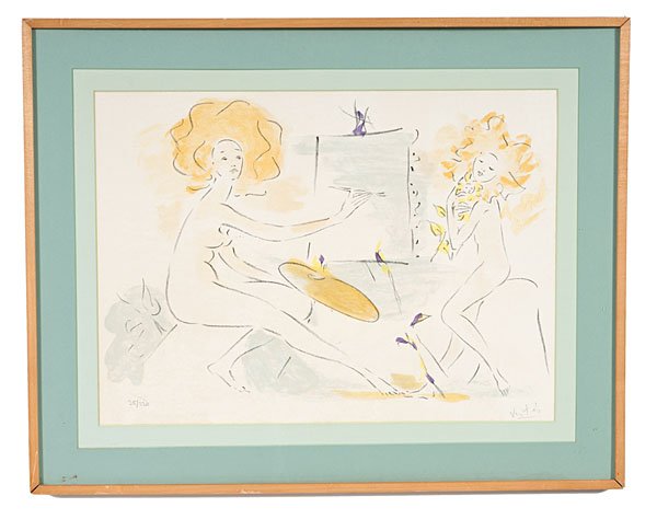 Lithograph by Marcel Vertes : Lithograph by Marcel Vertes Marcel Vertes (Hungarian 1895-1961). Lithograph depicting two nude women. Numbered 26/220 l.l., artist's signature l.r. with gallery label on verso; 21.75 x 15.5 in. (sig