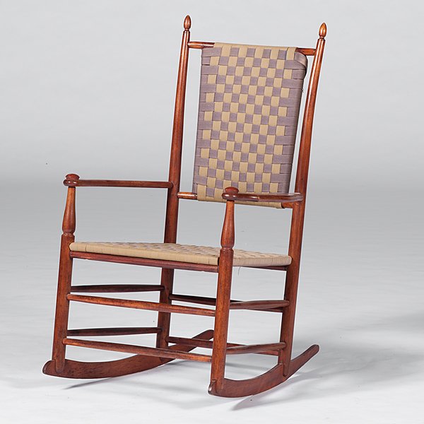 Shaker Rocker : Shaker Rocker American, 19th century. A Shaker rocking chair with bicolor woven canvas seat and back; oah. 37.75 in.