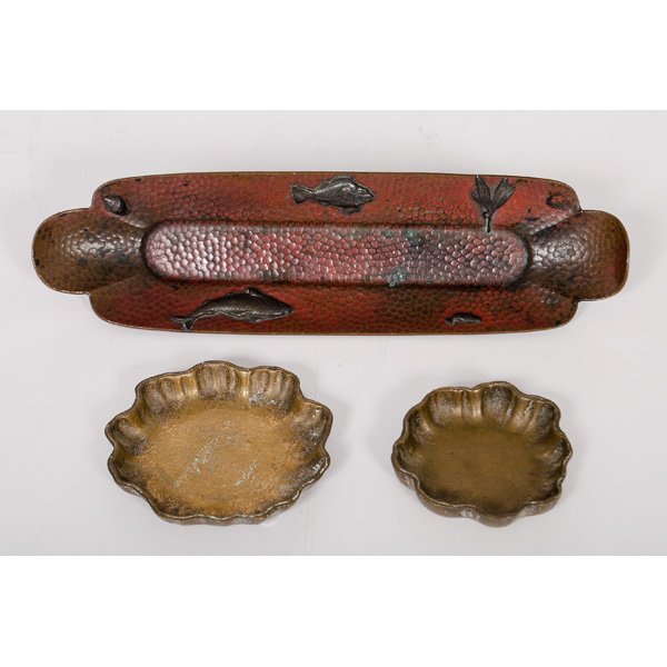 Gorham Mixed Metals Japonesque Pen Tray PLUS: American, 19th century. A Tiffany Studios pair of small water lily dishes in bronze, PLUS a Gorham Foundry hammered copper pen tray with red wash decorated in the Japanese taste with fish and aquatic 