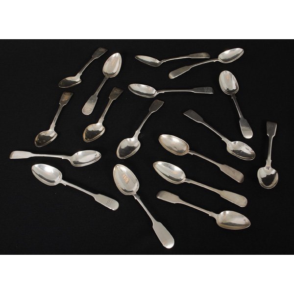 English Sterling Teaspoons in Fiddle Pattern : English Sterling Teaspoons in Fiddle Pattern English, 19th century. An assembled group of seventeen sterling silver teaspoons hallmarked for London, Exeter, and Newcastle. Identifiable makers includ