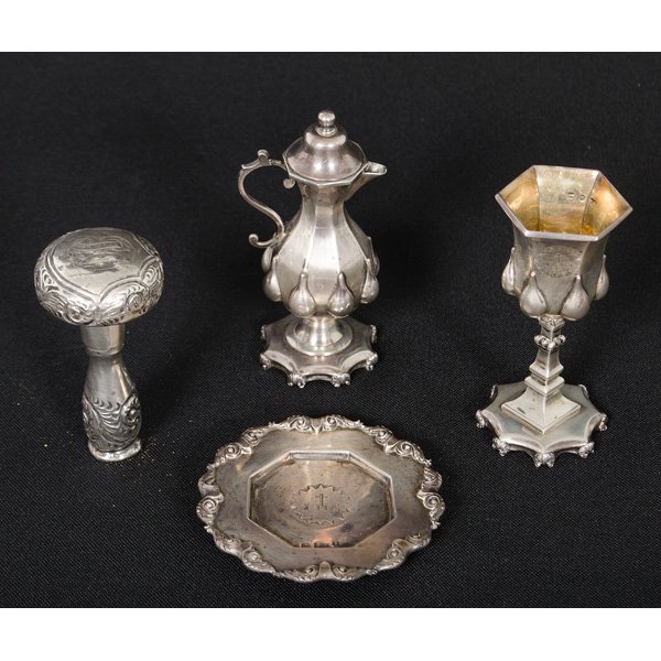 Victorian Sterling Liturgical Communion Set, Plus : Victorian Sterling Liturgical Communion Set, Plus English, late 19th century. A miniature Victorian sterling silver liturgical communion set including a pitcher, chalice and paten, the chalice and p