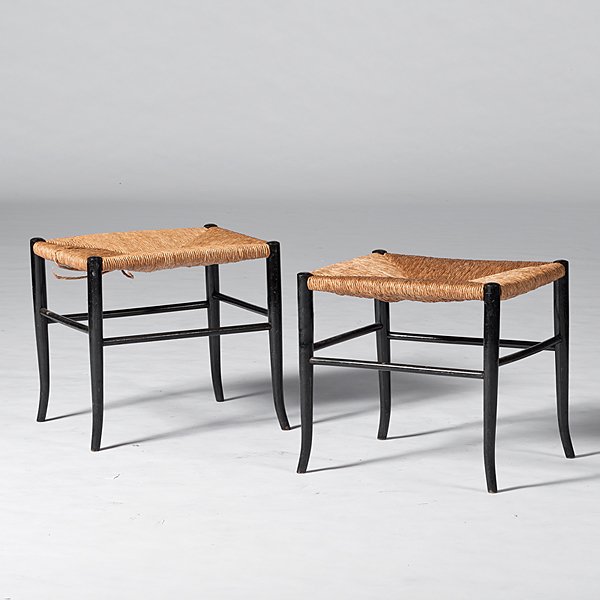 Stools with Rush Woven Seats : Stools with Rush Woven Seats American, 20th century. A pair of stools with rush woven seats and painted black legs; ht. 18, wd. 20, dp. 15.5 in.
