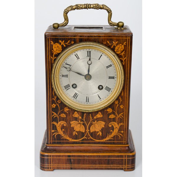 Laine Inlaid Shelf Clock : Laine Inlaid Shelf Clock French, ca 1830s. An eight-day time and strike on bell shelf clock with a floral-design inlay in a rosewood case with diamond-shaped glazed panels in case at sides and a rec