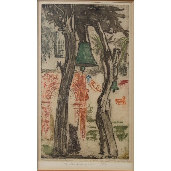 The Bells at Lake Patzcuaro by Max Pollack : The Bells at Lake Patzcuaro by Max Pollack Max Pollak (Czechoslovakian, 1886-1950). Colored etching, dated 1925 and titled Mexico, The Bells at lake Patzcuaro l.l., signed l.r., inscribed To Mrs.