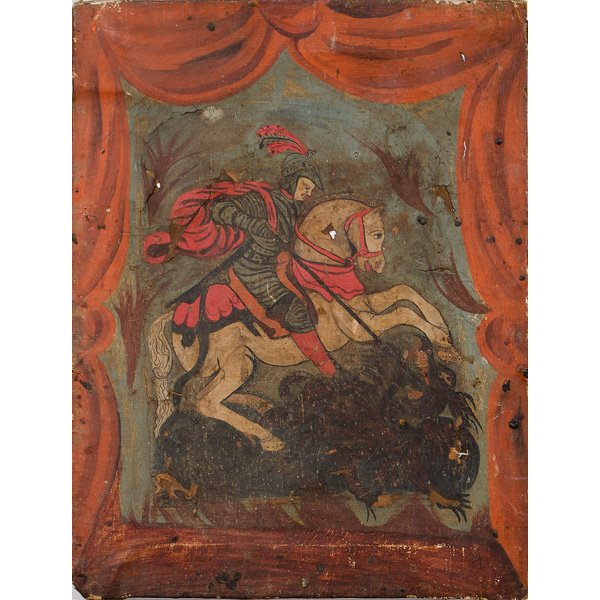 Spanish Colonial Painting of St. George Slaying the: Spanish Colonial Painting of St. George Slaying the Dragon 17th century. An oil on canvas depiction of St. George on horseback slaying the dragon with a spear, presented against a bluish-green backg