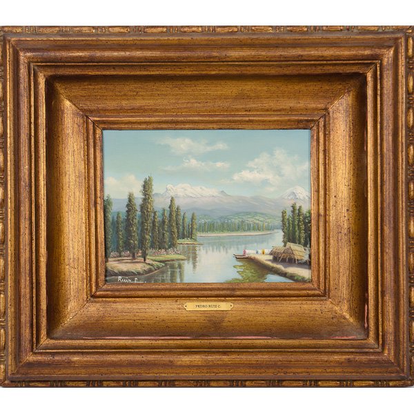 Mexican Painting by Pedro Ruiz C. : Mexican Painting by Pedro Ruiz C. Oil on board, and titled on verso Vista Volcanes, with additional labels containing biographical information; 5.5 x 7.5 in.