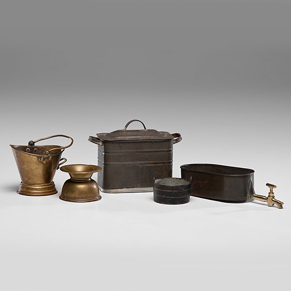 Group of Salesman Samples, Plus : Group of Salesman Samples, Plus 19th century, a group of salesman samples including a brass spittoon, a brass coal bucket, a covered metal washtub with handles, and a sink with a turnable brass spic