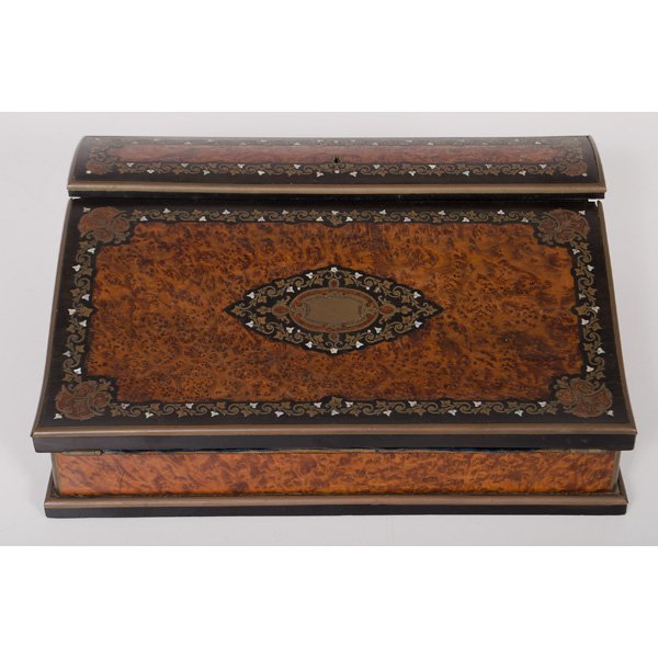 Persian Writing Box : Persian Writing Box Late 19th century. A fine maple writing box with mother of pearl inlay, complete with inkwells in upper locked casing as well as a letter opener and a pen; ht. 4 in.