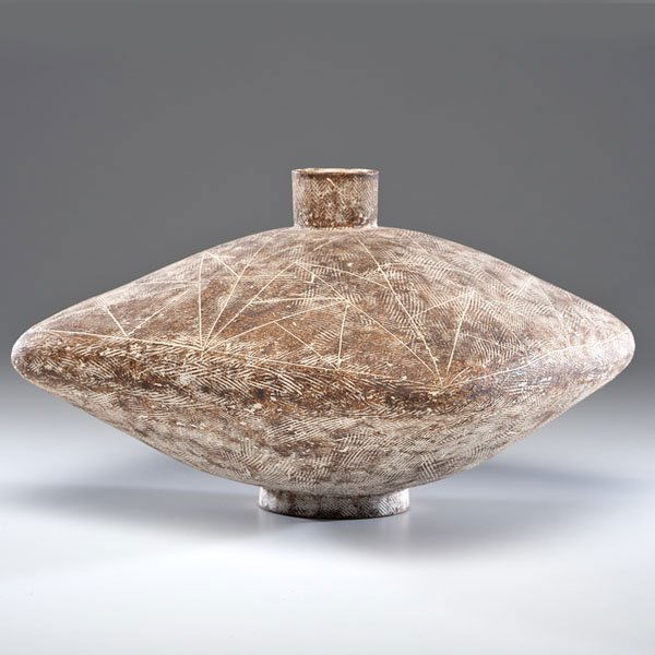 Claude Conover (1907-1994; USA) : Claude Conover (1907-1994; USA) "Yaal" Vessel ca 1980 Stoneware with slip surface and incising; ht. 11, squ. 16 in. Artist signature on base.