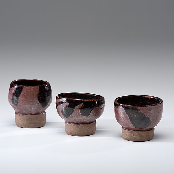 Ken Price (1935-2012; USA) : Ken Price (1935-2012; USA) Set of Three Tea Bowls ca 1958 Stoneware; tallest: ht. 3, dia. 3 in. Artist signature on bases.