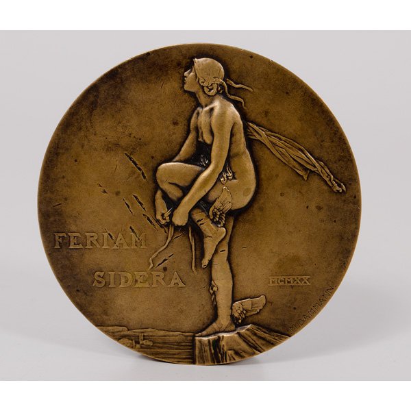 Feriam Sidera Bronze Medal by Paul Marcel Dammann : Feriam Sidera Bronze Medal by Paul Marcel Dammann Paul Marcel Dammann (French, 1885-1939). An Art Deco bronze medal depicting a female nude lacing one of her winged sandals. Signed M. Dammann, dated