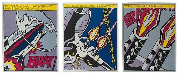 As I Opened Fire Triptych by Roy Lichtenstein : As I Opened Fire Triptych by Roy Lichtenstein Roy Lichtenstein (American, 1923-1997). A series of three separate colored lithographs after the original painting triptych titled As I Opened Fire prin