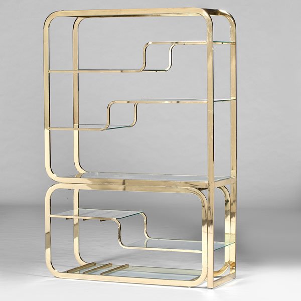 Milo Baughman Attributed Etagere : Milo Baughman Attributed Etagere A brass plated etagere from Design Institute of America, attributed to Milo Baughman. With DIA label. Includes thirteen glass shelves. ht. 71.5, wd. 48, dp. 18 in.