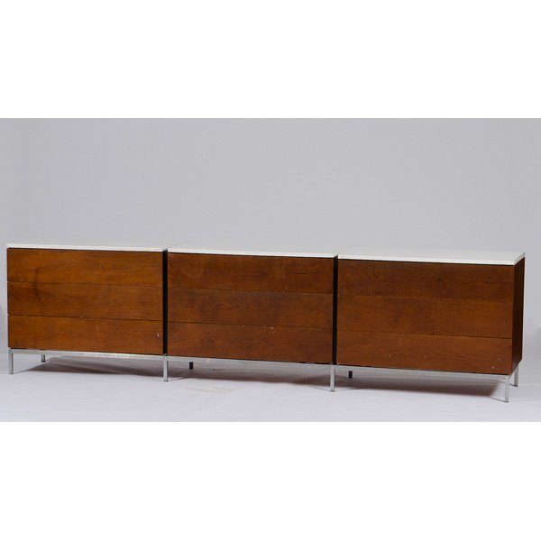 Florence Knoll Triple Dresser : Florence Knoll Triple Dresser American, 1950's. A Knoll rosewood triple dresser with white laminate top on a steel base. Knoll label inside drawer; ht. 28.75 x wd. 110 x dp. 19.25 in.