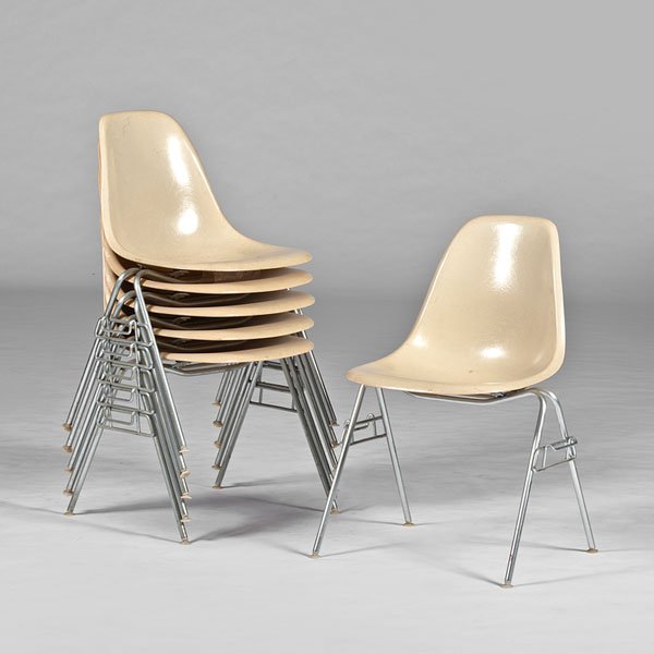 Eames Stackable Molded Shell Chairs : Eames Stackable Molded Shell Chairs American, 20th century. Six Eames stackable molded plastic chairs, with aluminum legs, with tag Designed by Charles Eames Herman Miller Zeeland Mich.; 31.75 in.