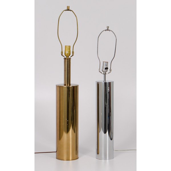 Polished Chrome Table Lamps : Polished Chrome Table Lamps American, 20th century. A pair of polished chrome table lamps, with white and off-white drum shades (not photographed); tallest ht. 33.25 in.