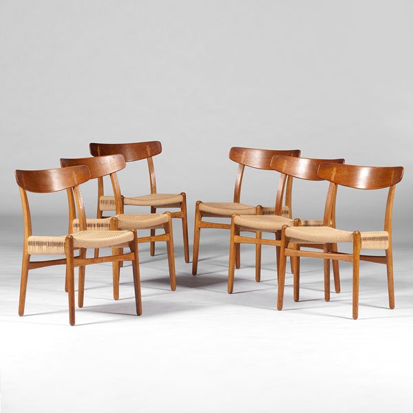 Hans Wegner Woven Seat Side Chairs : Hans Wegner Woven Seat Side Chairs Danish, 20th century. Six Hans Wegner woven seat side chairs, stamped on bottom of seat rail Made in Denmark Carl Hansen & Son Designer Hans Wegner ; oah 30.25 in.