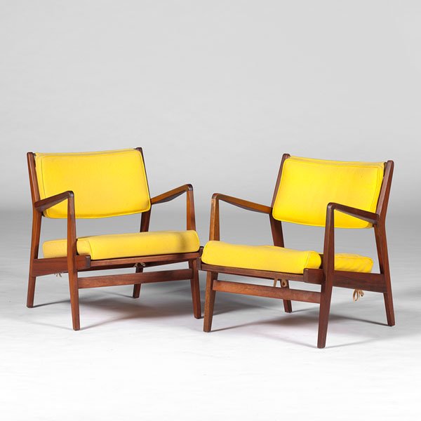 Jens Risom Midcentury Danish Armchairs : Jens Risom Mid-century Danish Armchairs Danish, 20th century. A pair of armchairs by Jens Risom with yellow cushions; oah 29 in.