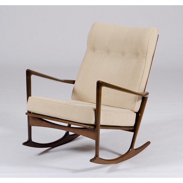 Ib Kofod-Larsen Rocking Chair : Ib Kofod-Larsen Rocking Chair Denmark, 1960s. Beech Ib Kofod-Larsen rocking chair with walnut stain, and wool and cotton blended upholstery. With original Selig label; ht. 34 x wd. 32 x dp. 29.5 in