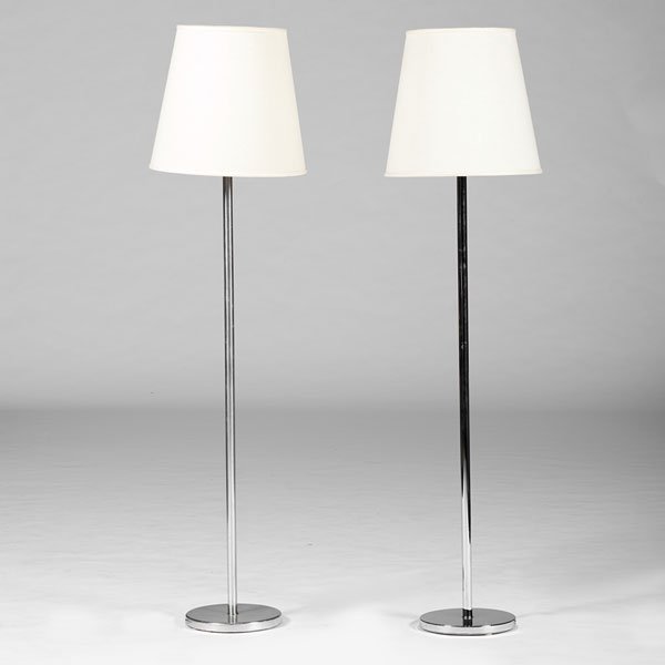 George Kovacs Floor Lamps : George Kovacs Floor Lamps American, 20th century. A pair of George Kovacs chrome floor lamps, with two white fabric shades; ht. 58 in.