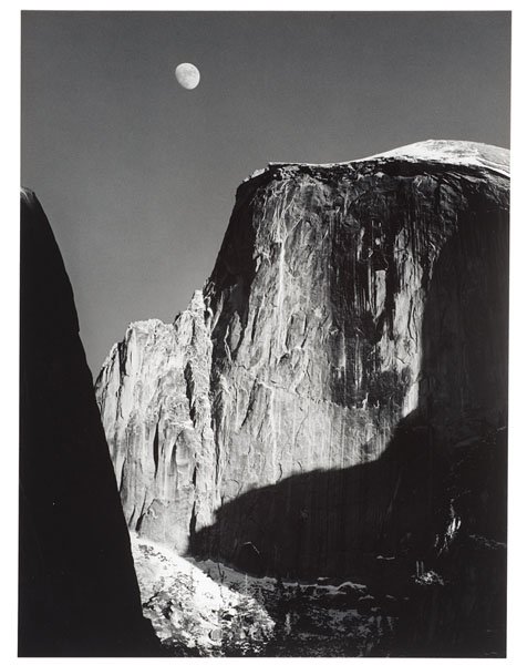 Moon and Half Dome by Ansel Adams : Moon and Half Dome by Ansel Adams Ansel Adams (American, 1902-1984). Moon and Half Dome, printed by Alan Ross from the 1960 negative. Silver gelatin print, with full stamp on verso and Ross grap