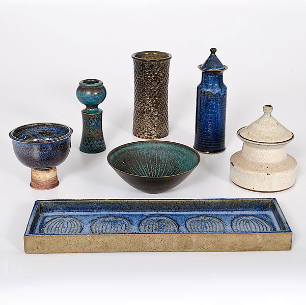 Grouping of Stig Lindberg and Finn Lynggaard : Grouping of Stig Lindberg and Finn Lynggaard Group of Seven Ceramic Vessels by Scandinavian Artists ca 1960 Three pieces by Stig Lindberg; Bowl, Tall Vase, Bulbous Vase Tallest: ht. 7.25, dia. 3.5
