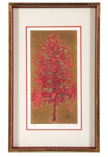 Red Tree by Joichi Hoshi : Red Tree by Joichi Hoshi Joichi Hoshi (Japanese, 1911-1979). Woodblock on paper, signed and numbered 7/44 l.l., dated 77; 9.75 x 5 in. (sight). Provenance: Purchased by the Consignor from Kimu