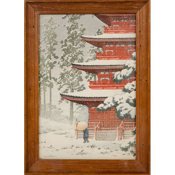 Saishion Temple in Snow by Hasui Kawase : Saishion Temple in Snow by Hasui Kawase Hasui kawase (Japanese, 1883-1957). Woodblock in colors, signed l.r. and with a pair of labels on reverse, including an early dealer's label; 13.25 x 9 in. 