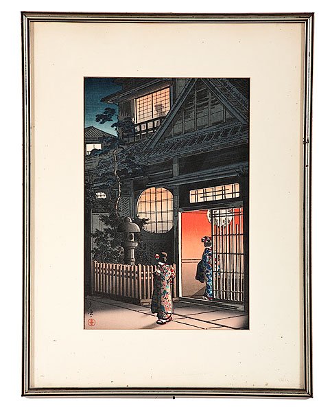 Tea House in Yotsuya by Koitsu Tsuchiya : Tea House in Yotsuya by Koitsu Tsuchiya Koitsu Tsuchiya (Japan, 1870-1949). A woodblock print depicting the facade of a house, at night, with one woman on the sidewalk, one woman in the door fr