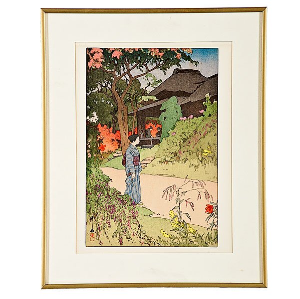 Hundred Flower Garden by Hiroshi Yoshida : Hundred Flower Garden by Hiroshi Yoshida Hiroshi Yoshida (Japan, 1876-1950) A woodblock print depicting a woman walking in a garden. Artist seal l.l. Jizuri seal in left margin. Title and artist 