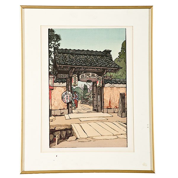 A Little Temple Gate by Hiroshi Yoshida : A Little Temple Gate by Hiroshi Yoshida Hiroshi Yoshida (Japan, 1876-1950). A woodblock print depicting the entrance gate of a temple with two people. Artist seal l.l. Jizuri seal on the left margi