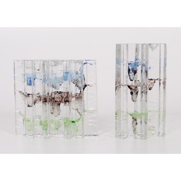 Cast Glass Paperweights by Helena Tynell : Cast Glass Paperweights by Helena Tynell Finland, 20th century. A pair of cast glass column paperweights designed by Helena Tynell for Riihimaki. Underside with artist's incised signature; largest