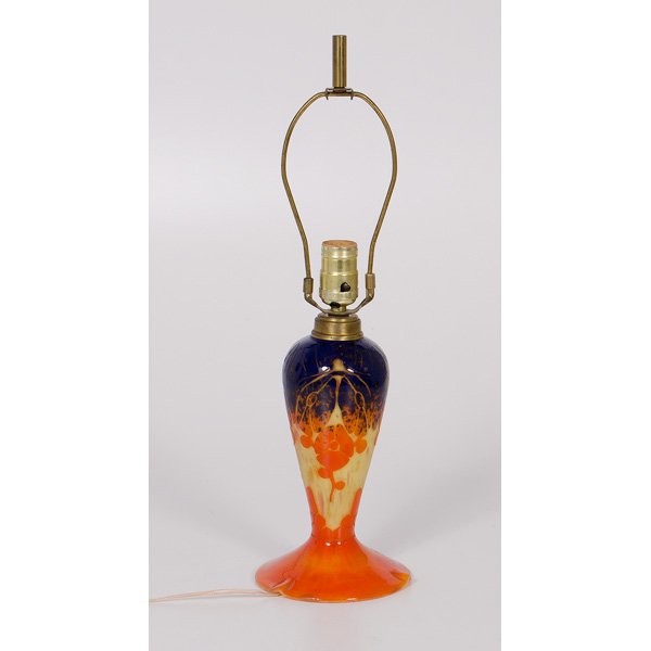 Schneider Cameo Glass Table Lamp : Schneider Cameo Glass Table Lamp French, early 20th century. A Schneider cameo glass table lamp with blue to orange overlay acid-etched in a floral pattern against a yellow ground, engraved Le verre