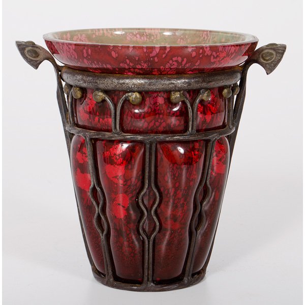 Blown Glass Vase by Daum Nancy Frères and Louis: Blown Glass Vase by Daum Nancy Frères and Louis Majorelle French, early 20th century. A blown glass vase in red and yellow, the framework consisting of two horizontal bands of wavy lines and dots