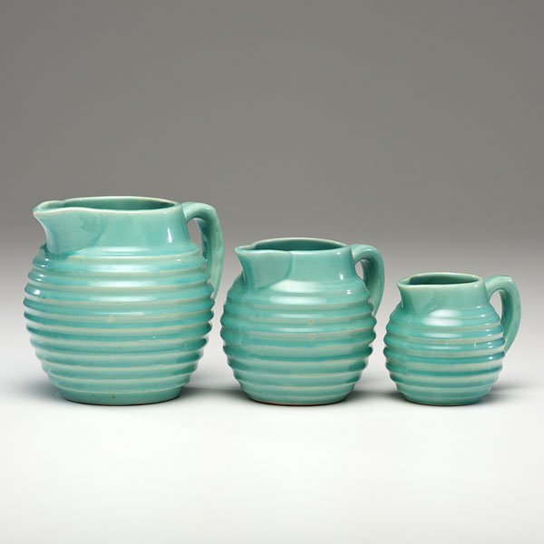 Bauer Pottery Ringware Pitcher Set : Bauer Pottery Ringware Pitcher Set Set of three graduated pitchers in jade Largest: ht. 6, dia. 5.5 in.