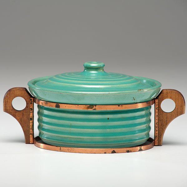 Bauer Pottery Ringware Jade Casserole : Bauer Pottery Ringware Jade Casserole Ringware lidded casserole in jade with wood/copper carrier ht. 3, dia. 7 in.