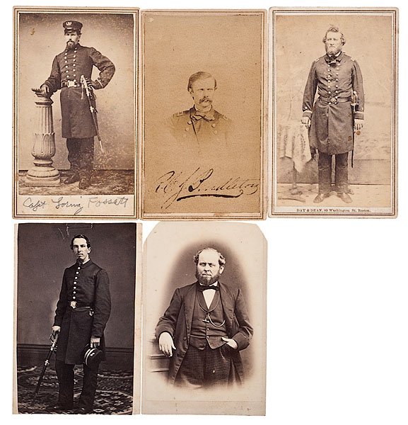 Identified Naval Officers, Five CDVs : Identified Naval Officers, Five CDVs Four officers in uniform and one not, one unidentified. The uniformed officers include: pencil identified Capt. Loring Fossett with sword. Fossett’s rank is i