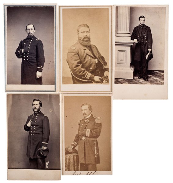 Identified Naval Officers, Five CDVs : Identified Naval Officers, Five CDVs Captain James B. Alden standing with sword is pencil identified with partial inked signature, having E.J. Jacobs imprint. Alden was a long serving officer who j