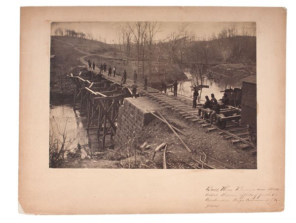 A.J. Russell, Bull Run Bridge Near Manassas, Civil War: A.J. Russell, Bull Run Bridge Near Manassas, Civil War Albumen Photograph Albumen photograph, 9.125 x 12.875 in., on 12.875 x 16.625 in. mount with the inked title Bull Run Bridge near Manassas, sho