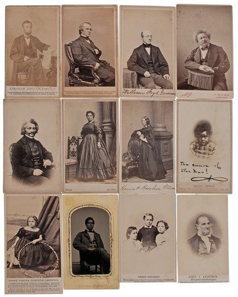 CDV Album Featuring Lincoln, Plus Famous African: CDV Album Featuring Lincoln, Plus Famous African Americans & Abolitionists, Including Frederick Douglas & Harriet Beecher Stow Album, with gilt imprinted pressed paper covers, containing 12 CDVs. C