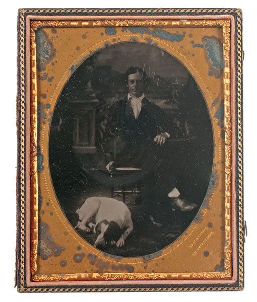 African American Artists Ball & Thomas, Very Early Half: African American Artists Ball & Thomas, Very Early Half Plate Tintype of a Man and His Dog Half plate tintype of a gentleman and his dog. Mat stamped Ball & Thomas / 120 W.4th.St.Cin.O. Housed i