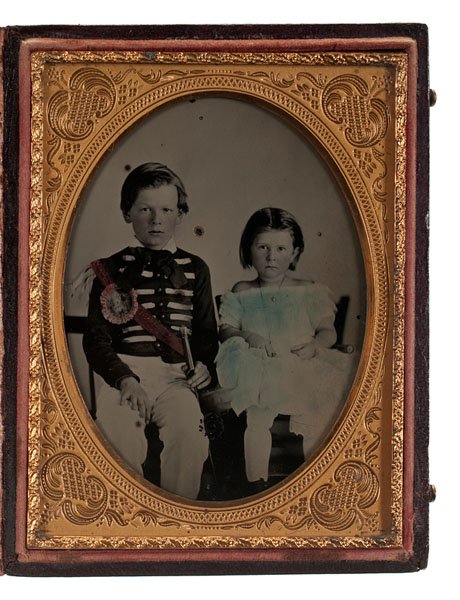 Quarter Plate Ambrotype of a Patriotic Young Man and: Quarter Plate Ambrotype of a Patriotic Young Man and his Sister Anonymous, quarter plate ambrotype double portrait of a patriotic young man dressed in a military-style outfit, wearing a red sash and