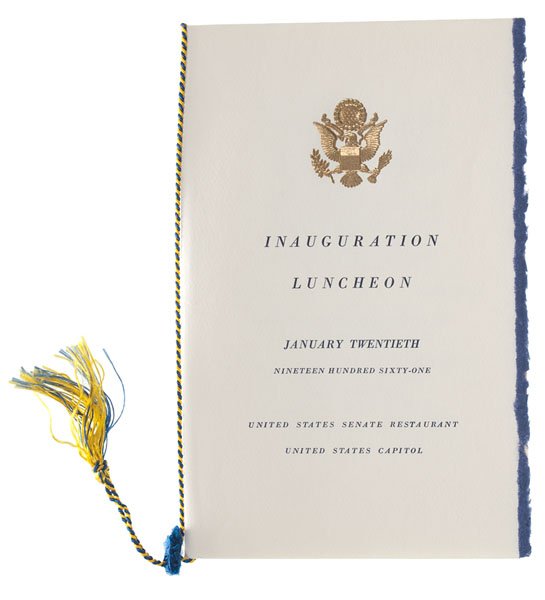 John F. Kennedy White House Menus, Including the: John F. Kennedy White House Menus, Including the Inauguration Luncheon, Group of Ten Lot of 10 menus relating to events of John F. Kennedy's presidency, including the Inauguration Luncheon and State