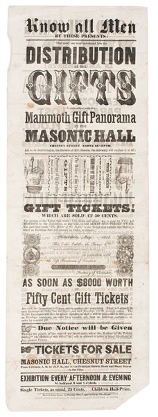Masonic Hall, Mammoth Gift Panorama, Philadelphia,: Masonic Hall, Mammoth Gift Panorama, Philadelphia, Broadside, Plus Additional Masonic Items Broadside, 7.875 x 22.25 in., printed differently on both sides, regarding the Distribution of the Gifts i