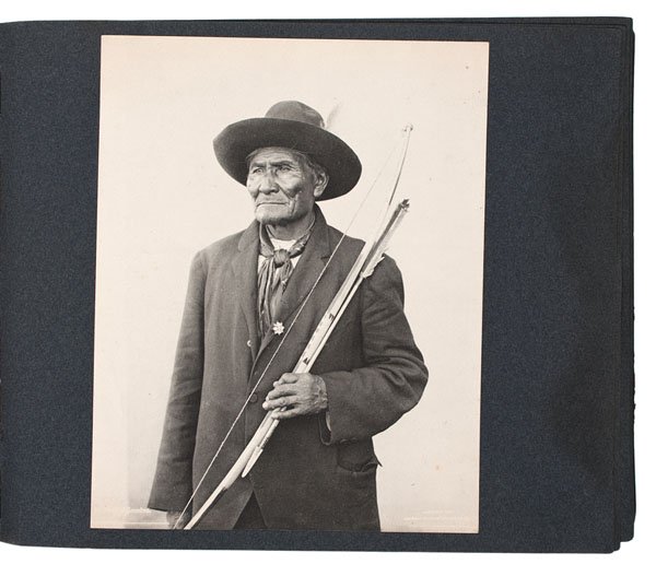 St. Louis World's Fair, 1904, Remarkable Photograph: St. Louis World's Fair, 1904, Remarkable Photograph Album Featuring Portrait of Geronimo Quarto album with paper covers, and remnants of a leather spine, containing 97 photographs of the 1904 St. Lo